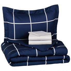 亚马逊基本5件套床在一个包被子床上用品，海军简单格纹超纤维